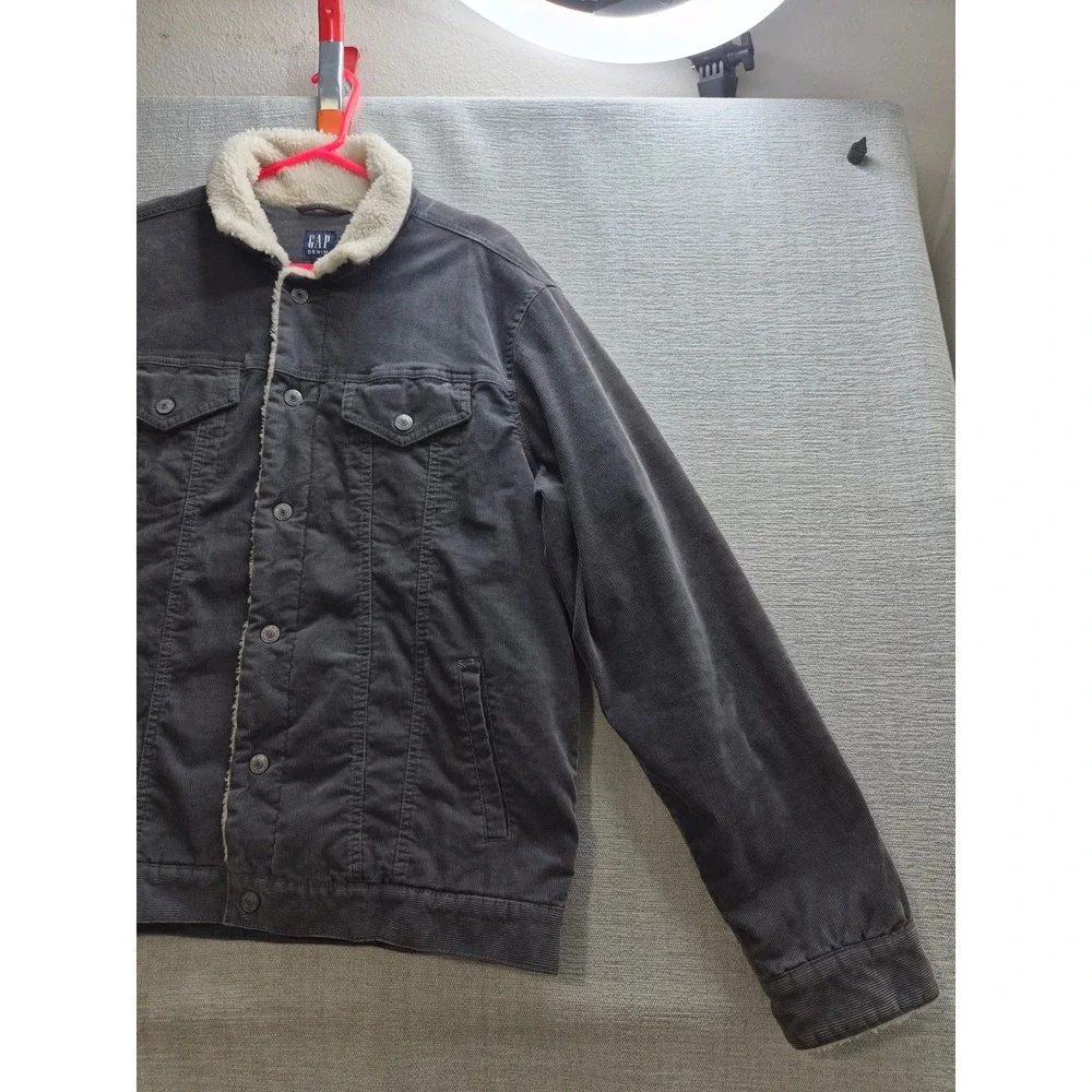 Gap for Good Corduroy Trucker Jacket Men Large Charcoal Gray Sherpa Lined Collar